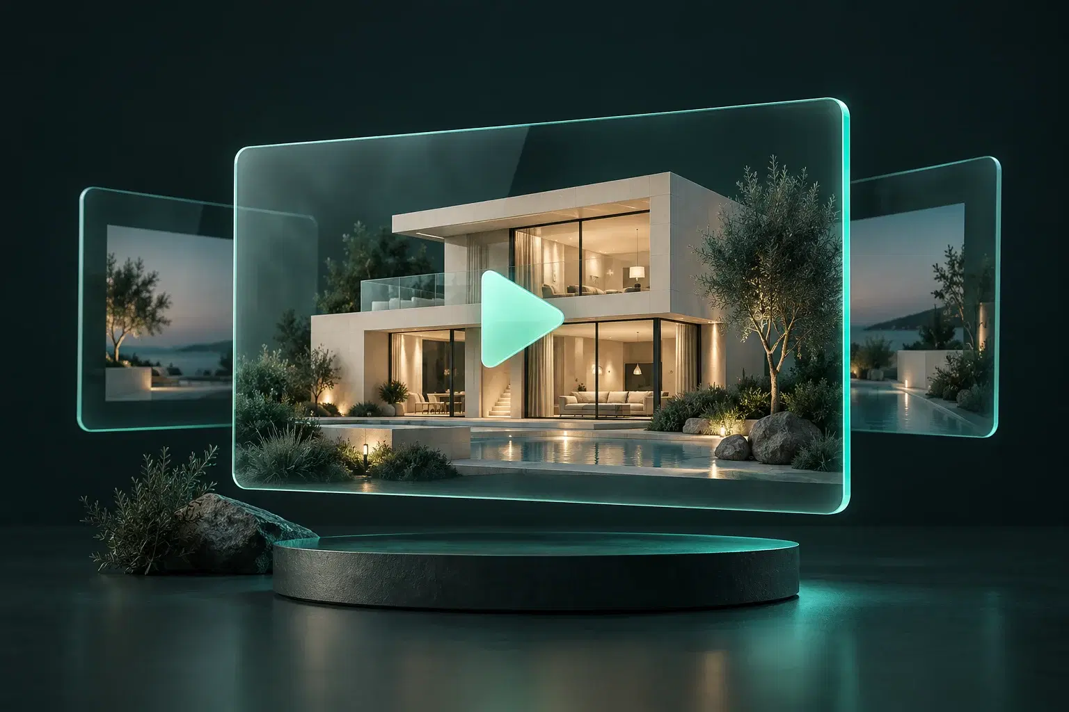 A modern home framed by three glass video panels with a mint play symbol.