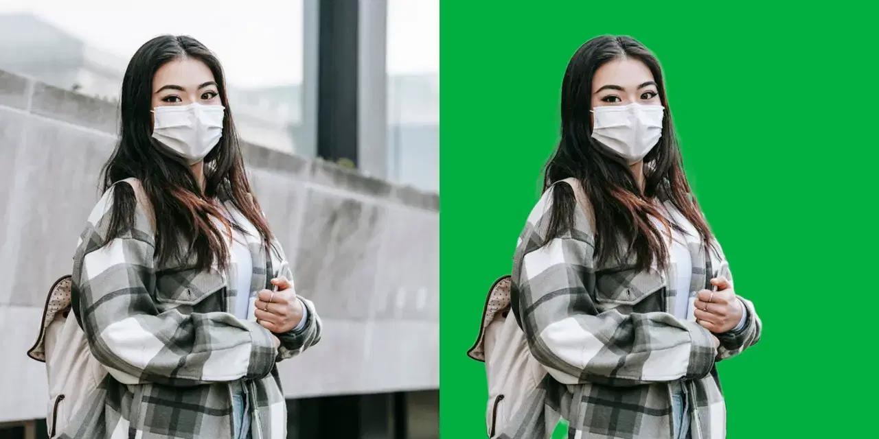 A video frame of a woman in a checked jacket in front of a street, and the same frame with the street replaced by a flat green screen.